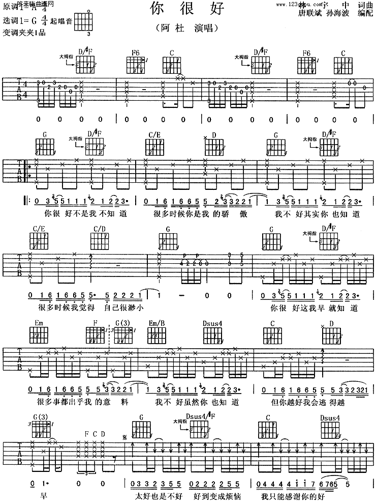 你很好 (阿杜)吉他谱--阿杜 吉他谱