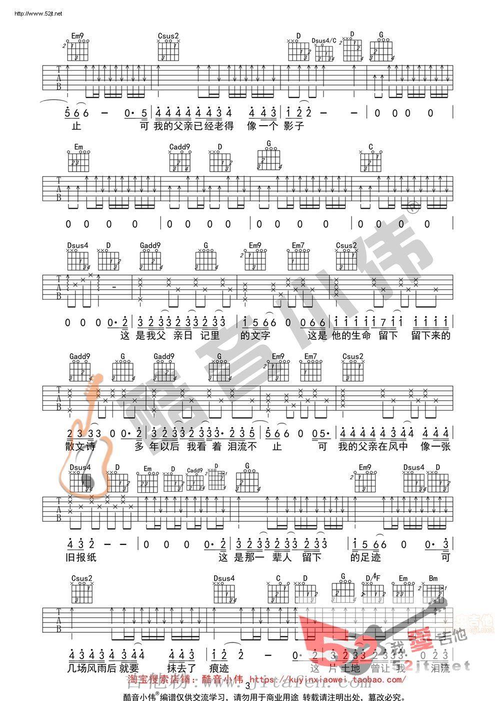 《父亲写的散文诗》超原版 李健版吉他谱视频 吉他谱