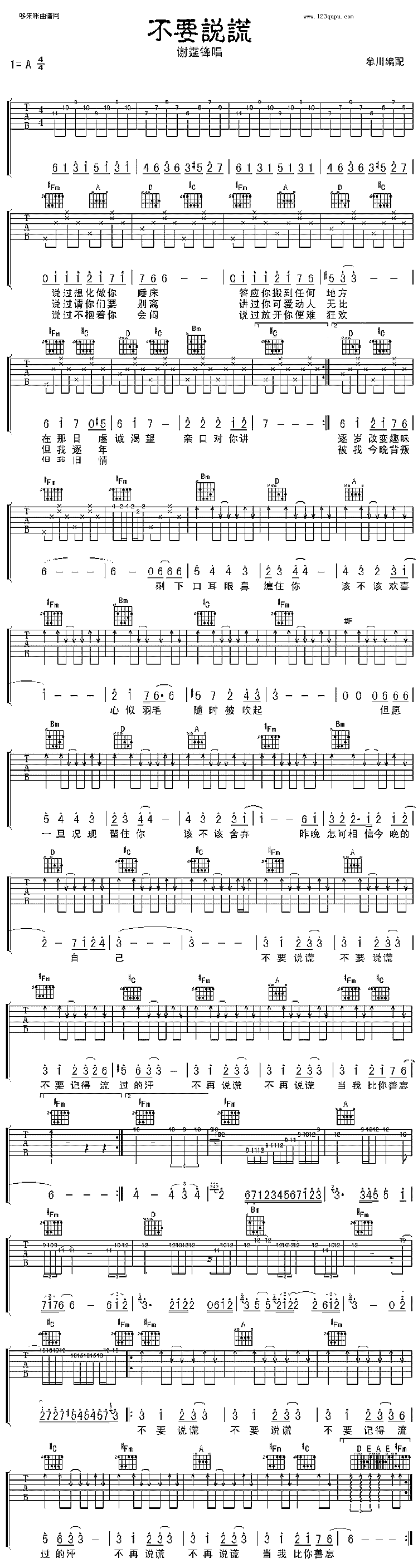 不要说谎(谢霆锋) 吉他谱