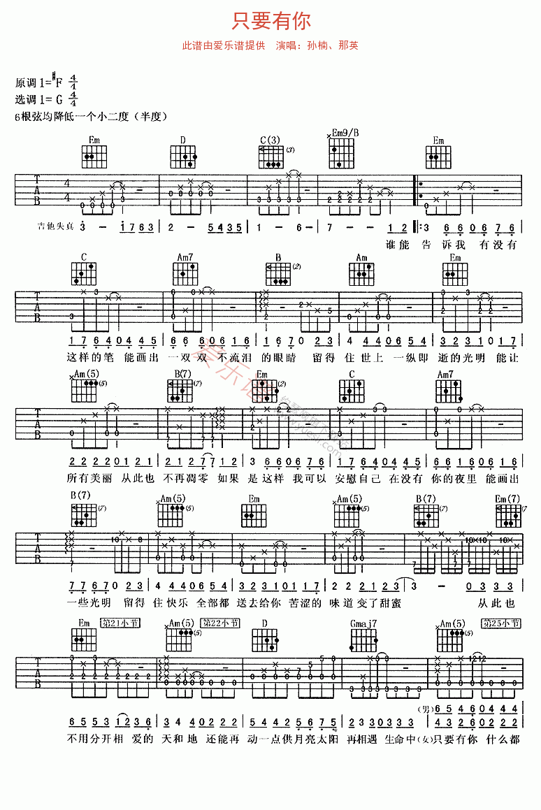 孙楠、那英《只要有你》 吉他谱