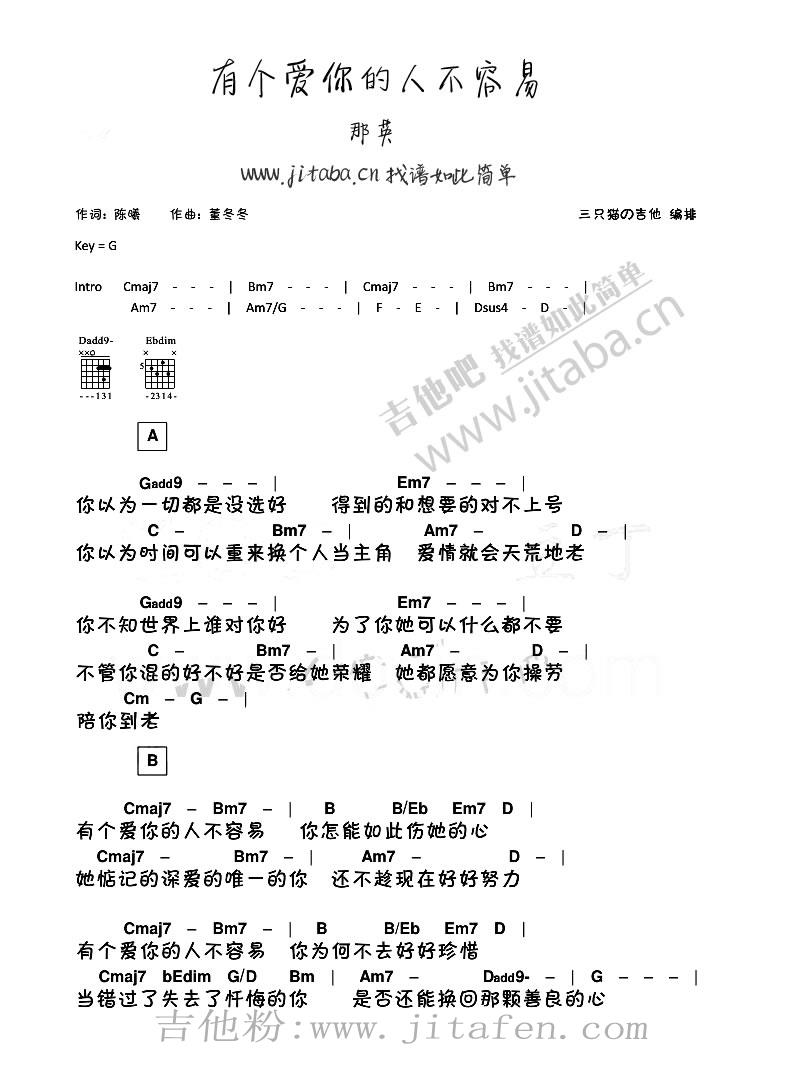 有个爱你的人不容易 -那英-和弦弹唱吉他图谱 吉他谱