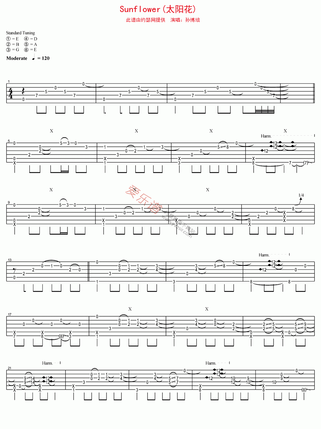 孙博培《Sunflower(太阳花)》 吉他谱