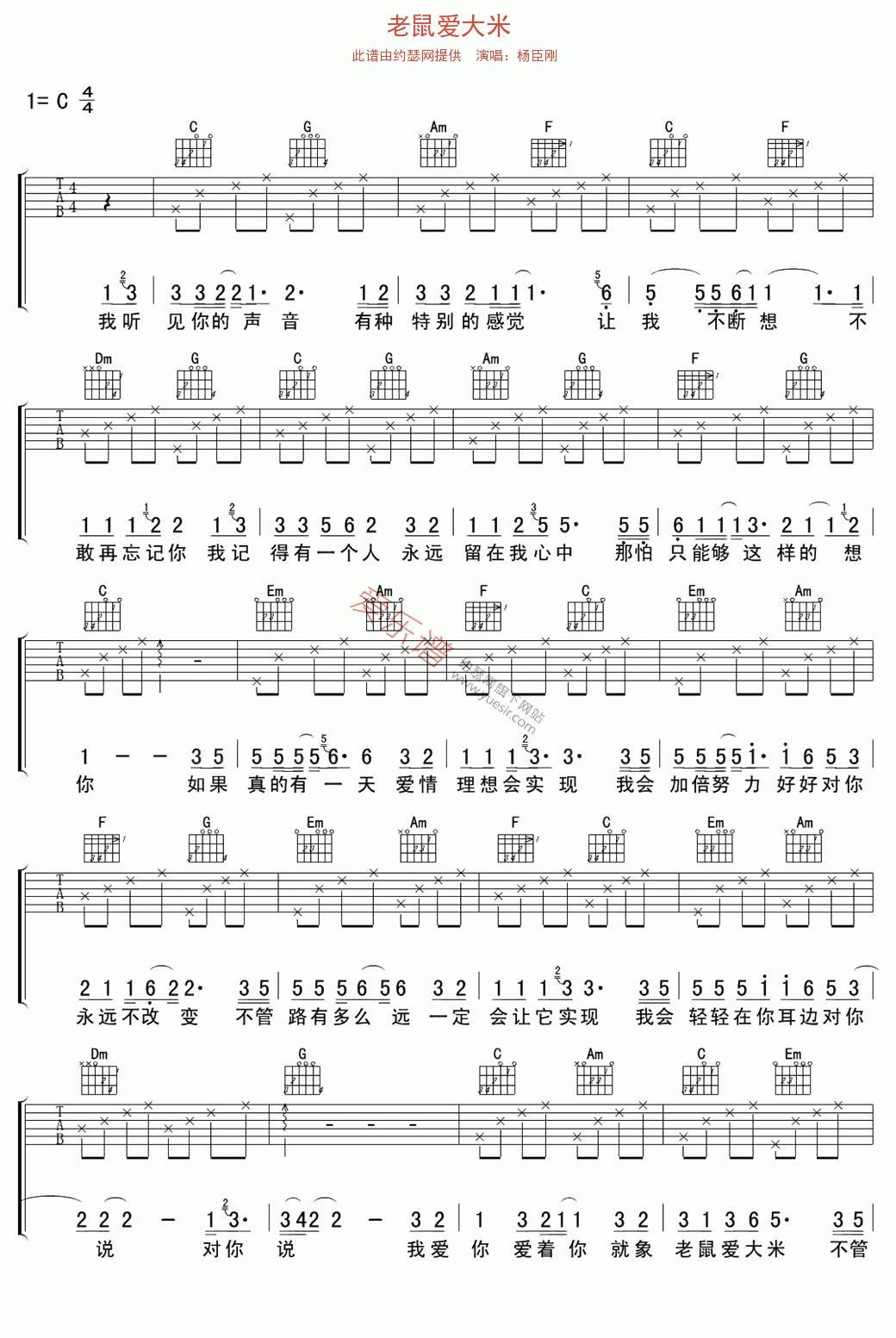 杨臣刚《老鼠爱大米》 吉他谱