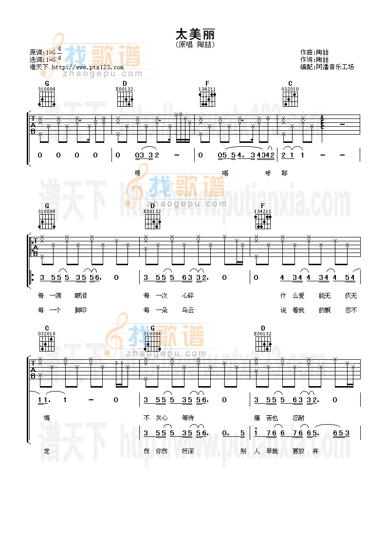 太美丽 吉他谱