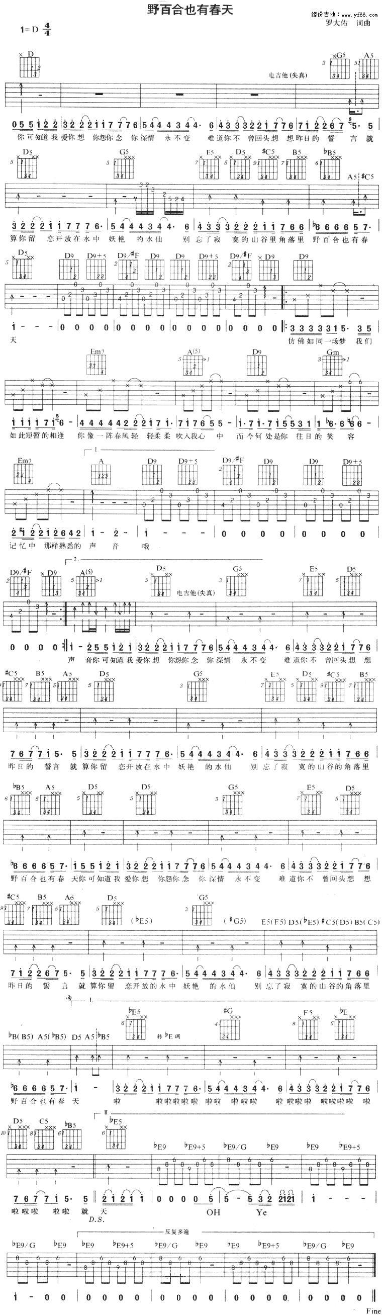 野百合也有春天 吉他谱
