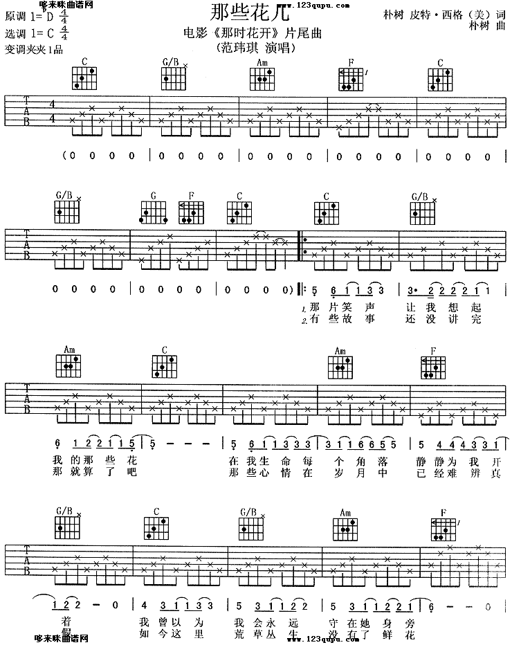 那些花儿(范玮琪) 吉他谱