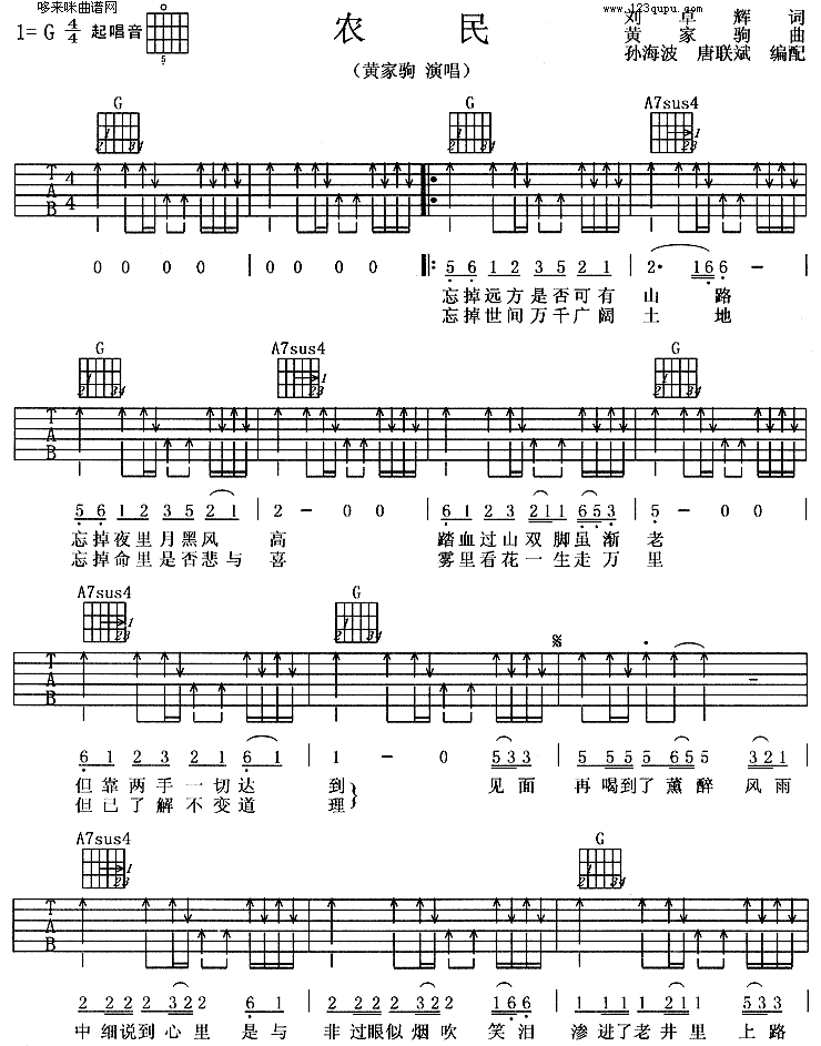 农民(黄家驹) 吉他谱