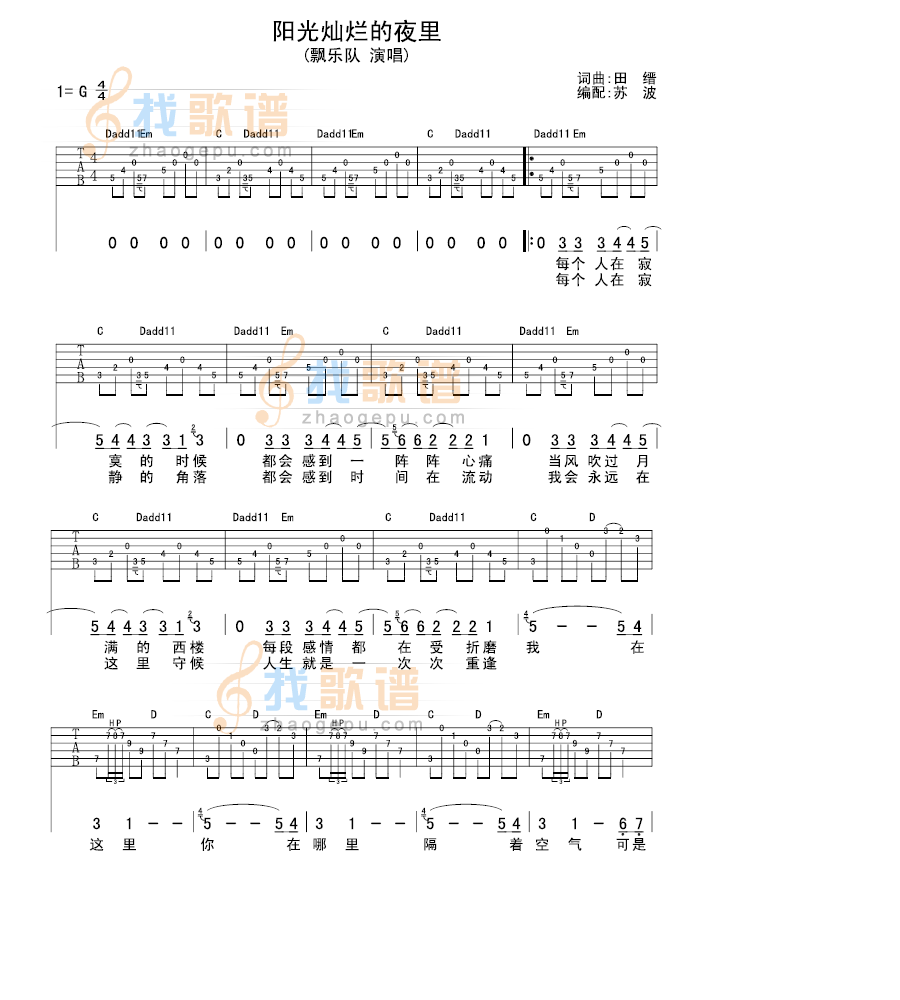 阳光灿烂的夜里 吉他谱