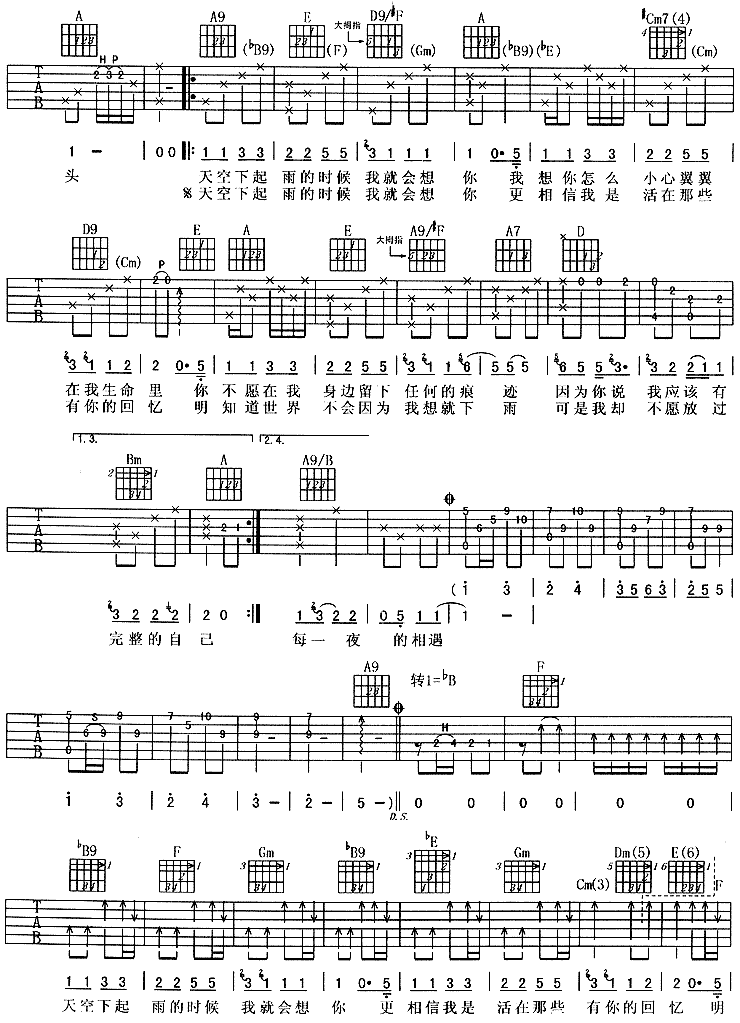 下雨的时候会想你-阿杜 吉他谱
