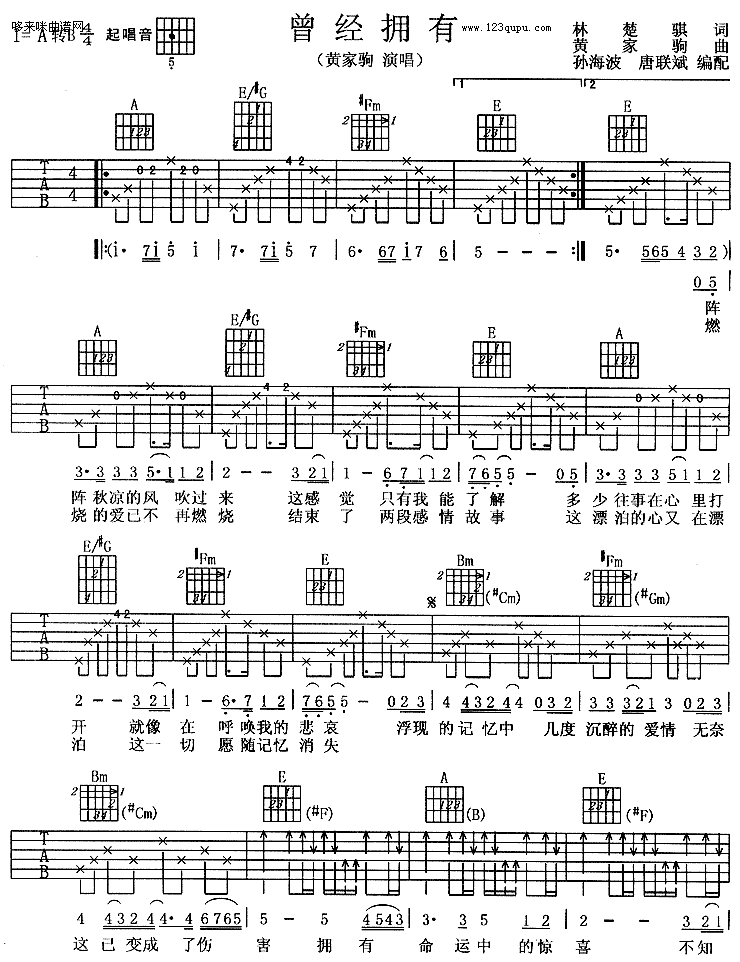 曾经拥有（黄家驹） 吉他谱